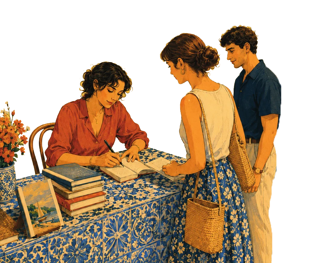 Ilustração: uma autora assina um livro na sua banca, diante de dois leitores