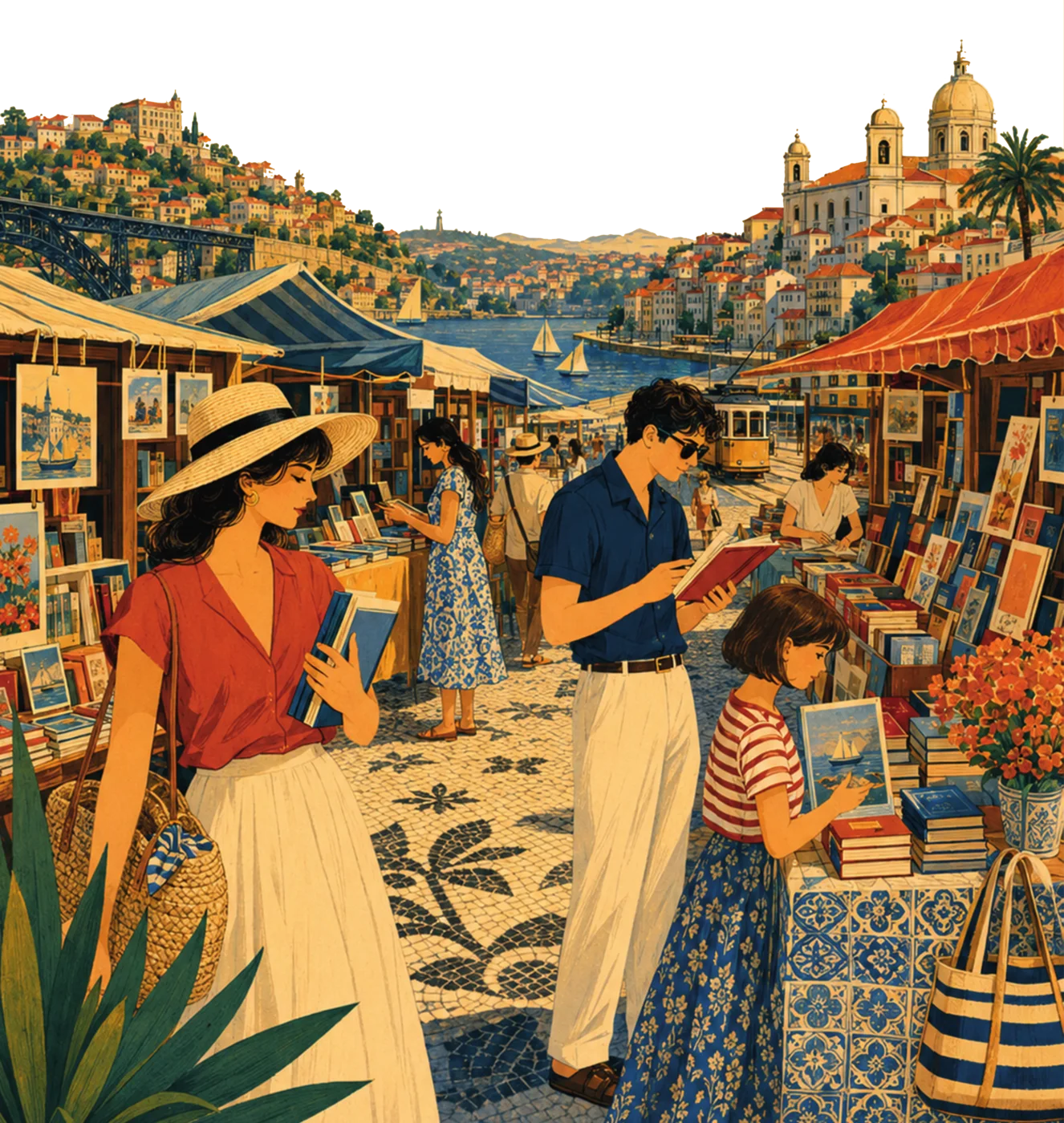 Ilustração de uma feira do livro à beira-rio: leitores folheiam livros entre bancas, com a cidade ao fundo
