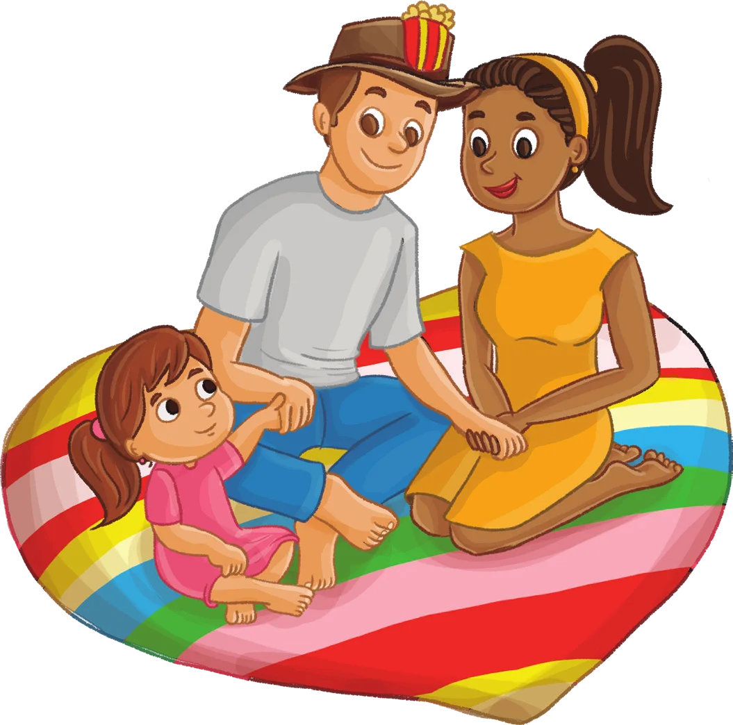 Ilustração do livro: uma família sentada numa manta às riscas, com o pacote de pipocas